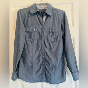 The Shirt by Rochelle Behrens Long Sleeve Blue Grey Button Up Blouse Shirt 4